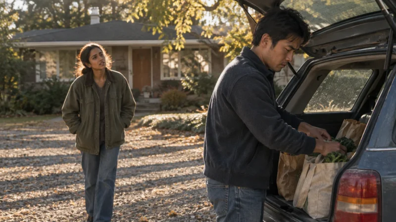 A man unloads groceries from an open car trunk while a woman watches him in a gravel driveway outside a house.