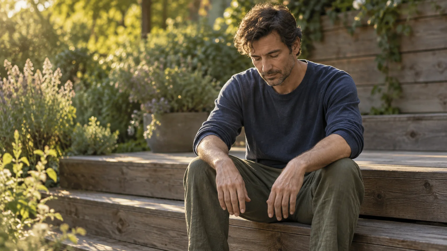 Man in a blue sweater sitting on wooden outdoor steps looking down with hands resting on his knees.