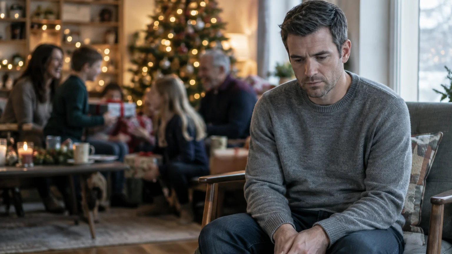 A somber man sits in an armchair looking down while a family gathers around a Christmas tree in the blurred background.