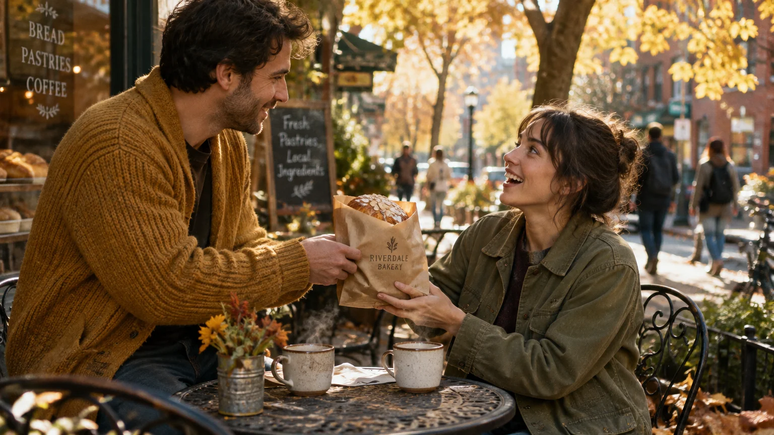 A man hands a bakery bag with pastry to a smiling woman at an outdoor cafe table with coffee mugs in autumn.