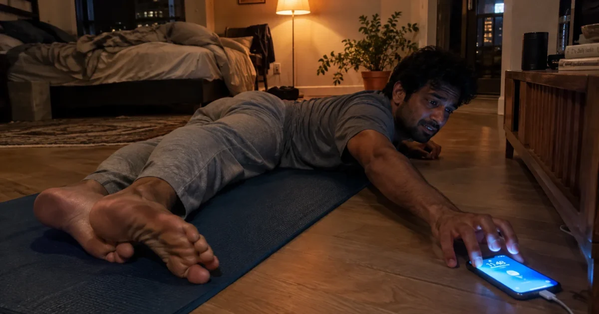 A man lies prone on a yoga mat stretching his arm across the wooden floor to touch a glowing smartphone screen.