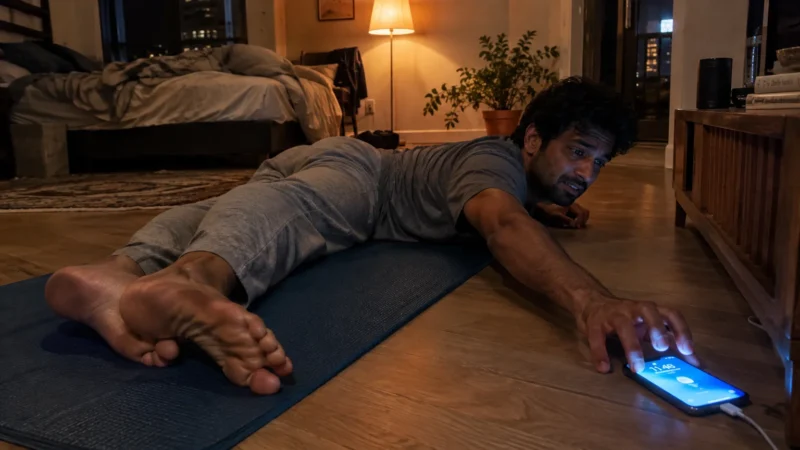 A man lies prone on a yoga mat stretching his arm across the wooden floor to touch a glowing smartphone screen.