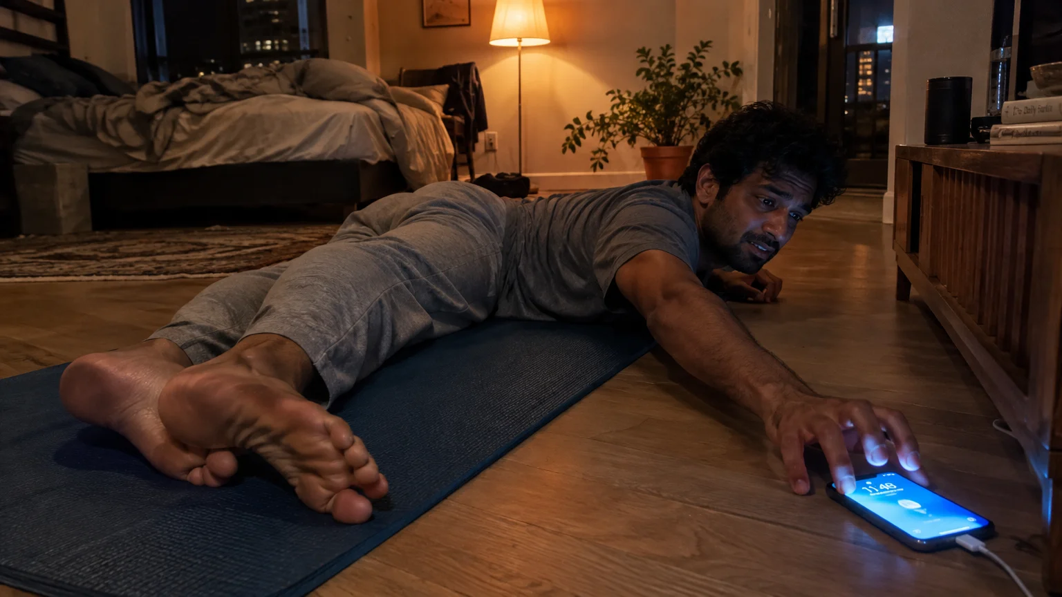 A man lies prone on a yoga mat stretching his arm across the wooden floor to touch a glowing smartphone screen.
