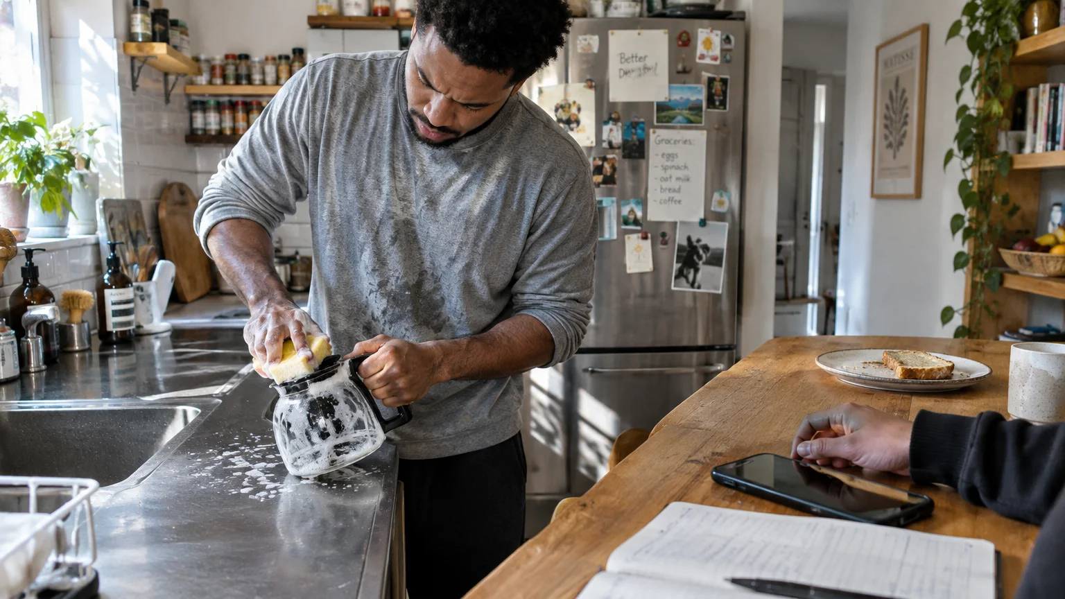A man washing a coffee pot with a soapy sponge at a kitchen counter while another person sits at the table nearby.