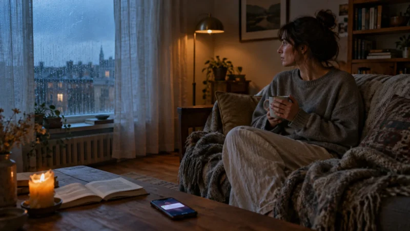 A woman sits on a sofa holding a mug and gazing toward a rain-streaked window near a glowing candle and phone.