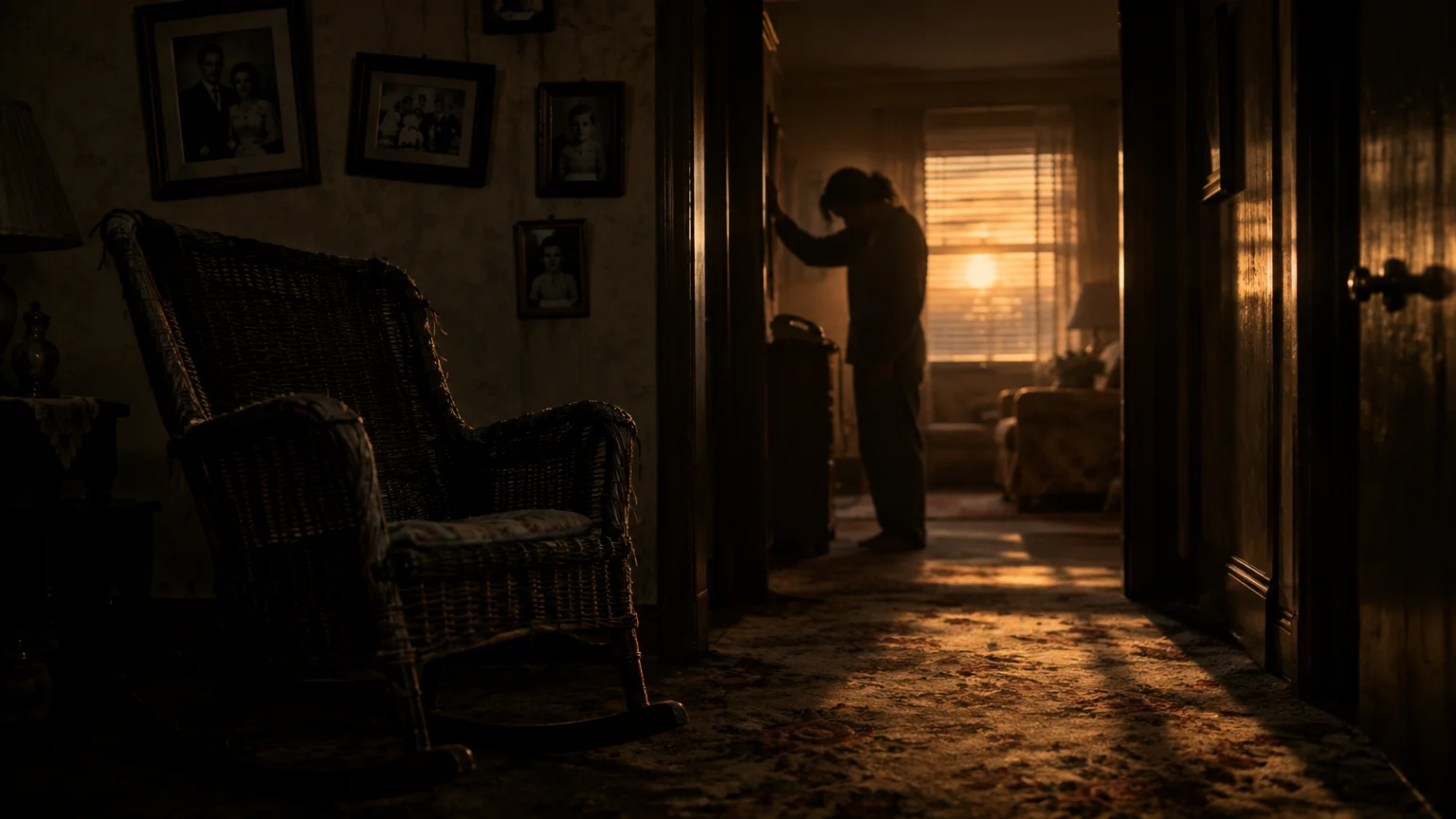 A dark hallway with an empty wicker rocking chair in the foreground and a person silhouetted in a sunlit doorway.