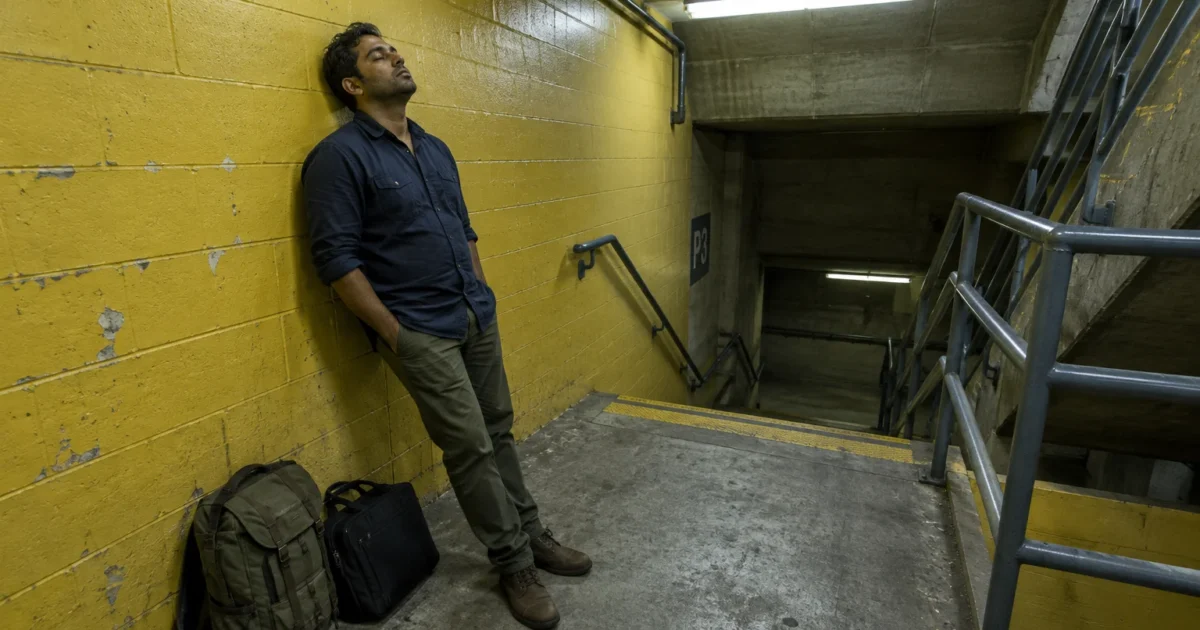A man leans back against a yellow cinder-block wall with his eyes closed beside bags in a concrete stairwell.