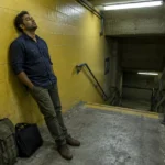 A man leans back against a yellow cinder-block wall with his eyes closed beside bags in a concrete stairwell.