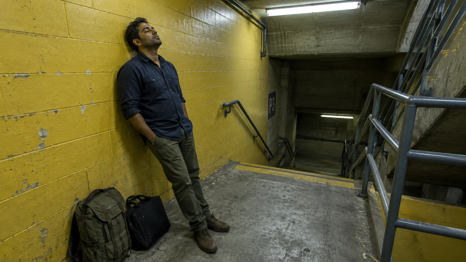 A man leans back against a yellow cinder-block wall with his eyes closed beside bags in a concrete stairwell.