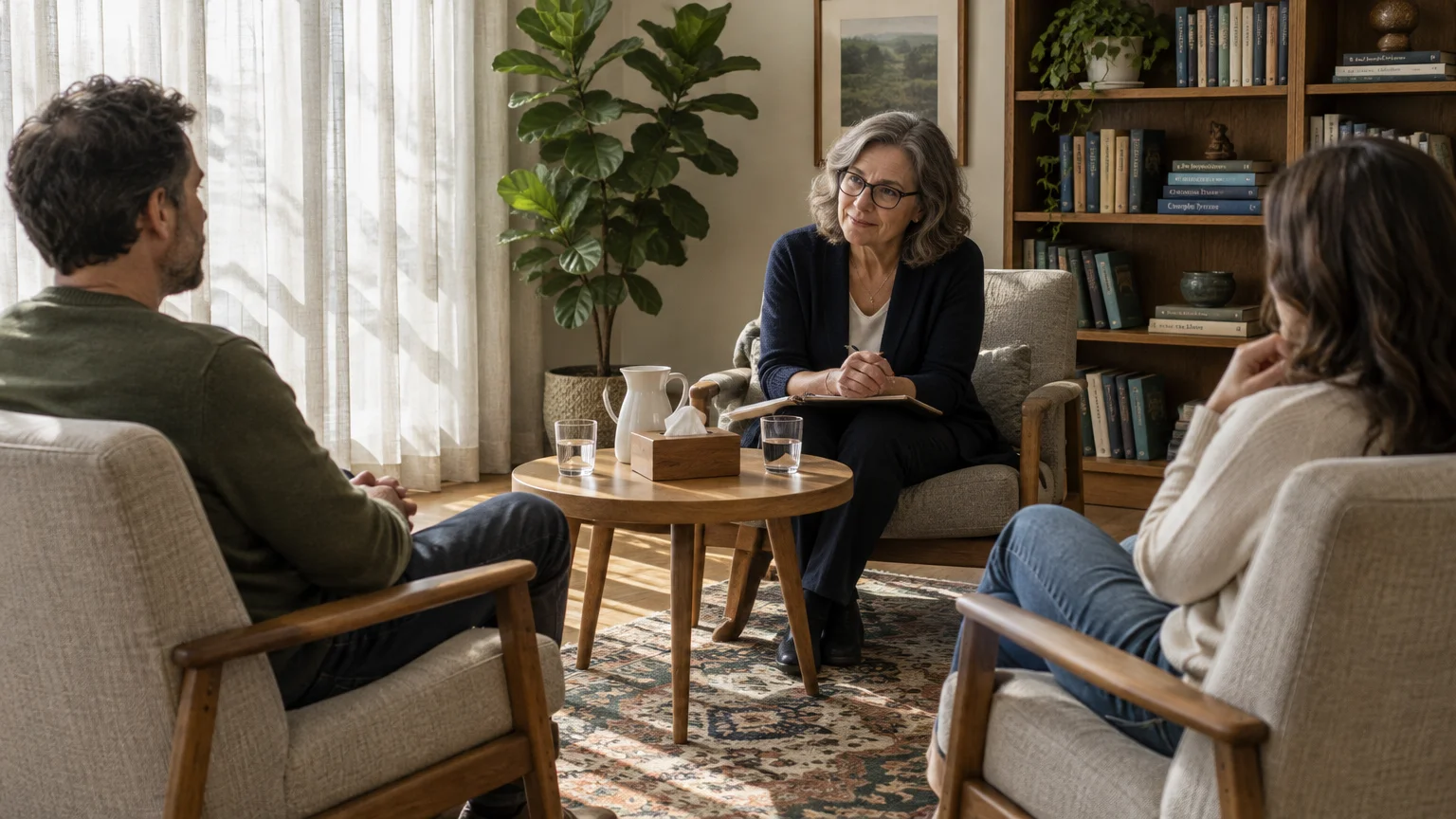 A therapist sits in an armchair listening to a couple seated opposite her during a counseling session in an office.