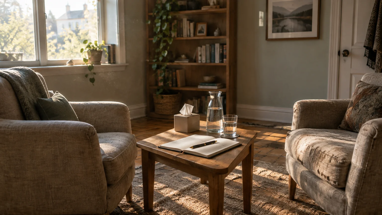 Two armchairs flank a coffee table with a journal, tissues, and water carafe in a sunlit therapy office.
