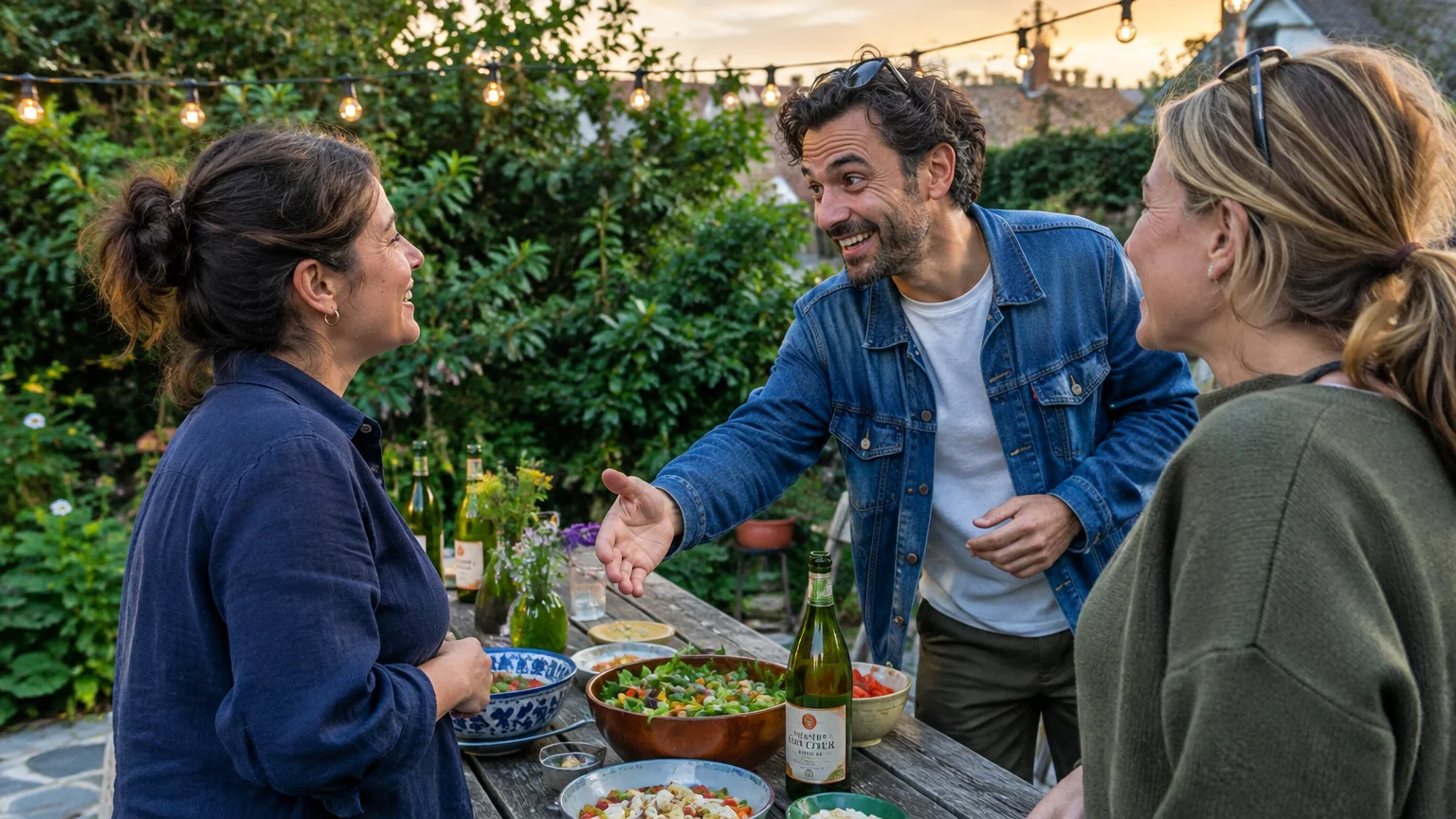 Man in a denim jacket reaches out to shake hands with a woman across an outdoor dinner table with food and drinks.