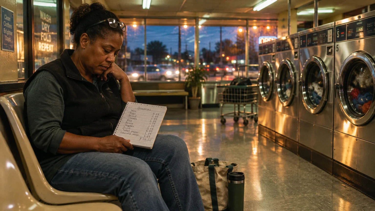 A woman sits inside a laundromat holding a handwritten grocery budget list beside a row of washing machines.