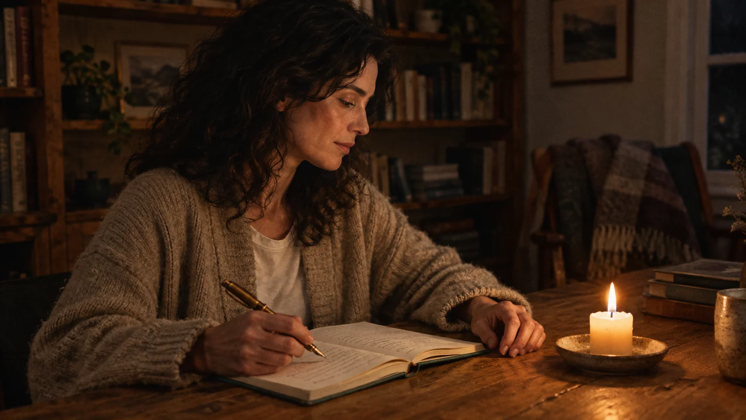 A woman with curly hair writes in an open notebook by candlelight at a wooden table in a dimly lit room.