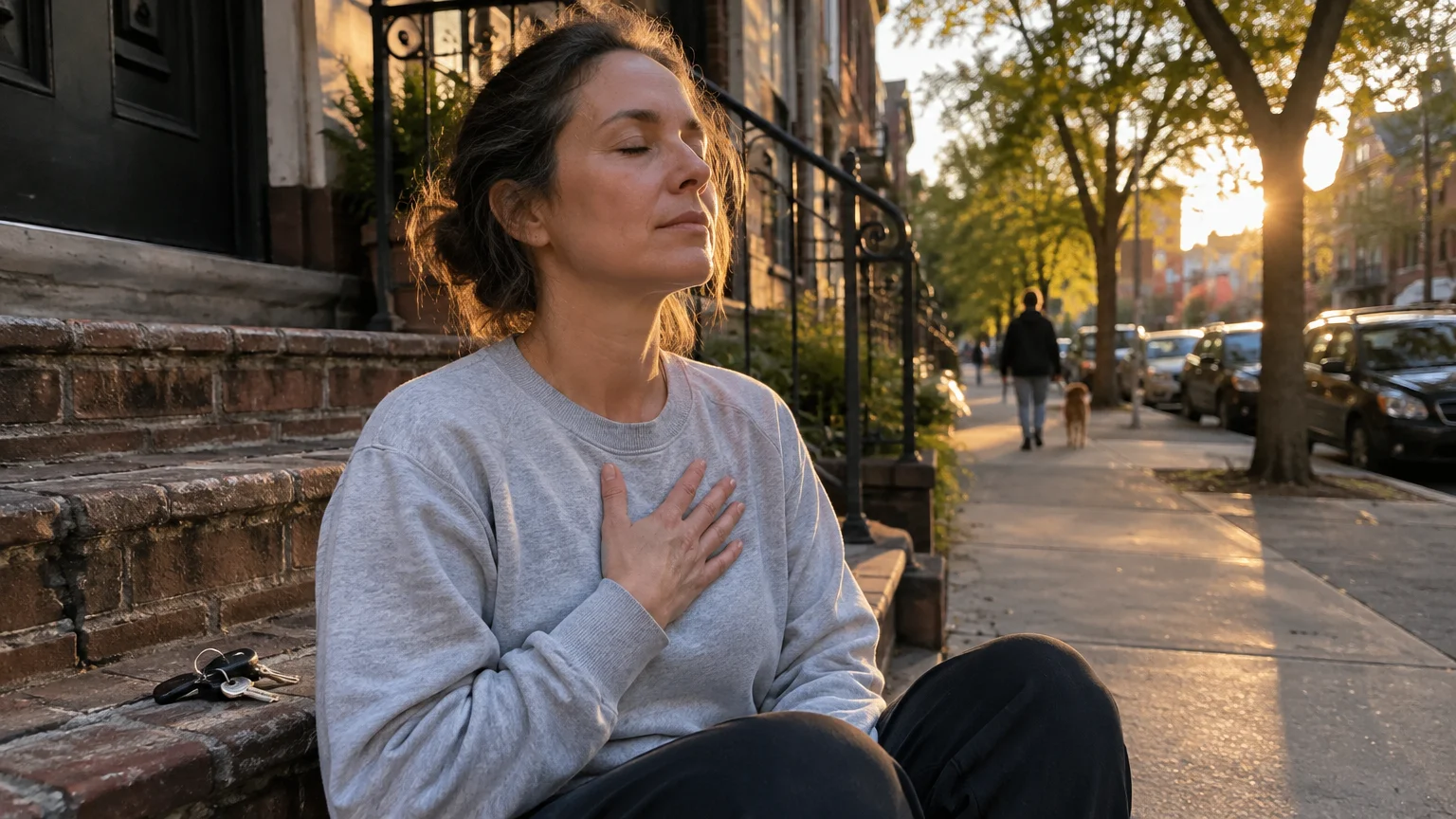 A woman sitting on brownstone front steps with closed eyes and hand on chest during a sunny evening.