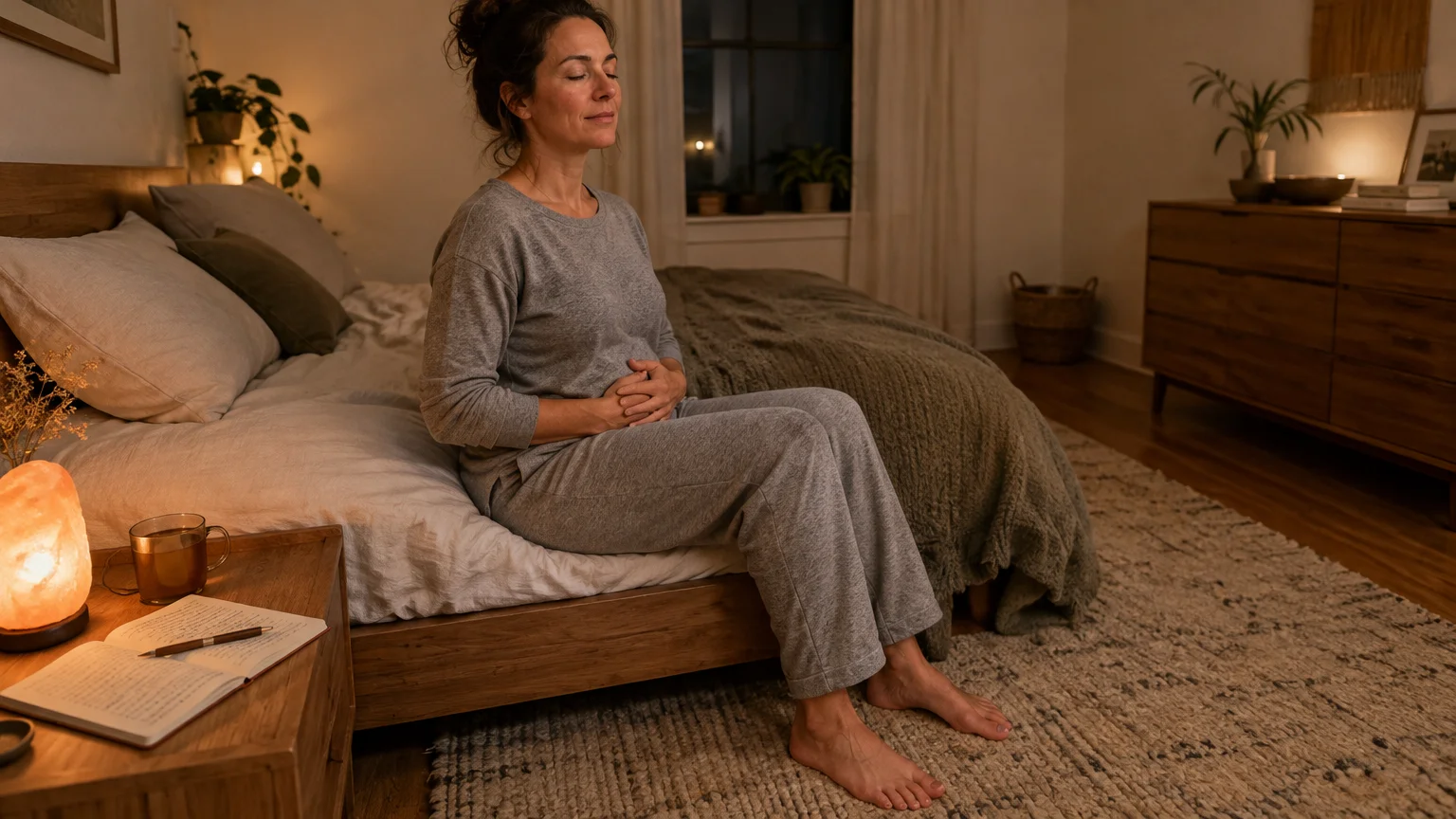 A woman sits on the edge of a bed with eyes closed and hands on her stomach, next to an open notebook on a nightstand.