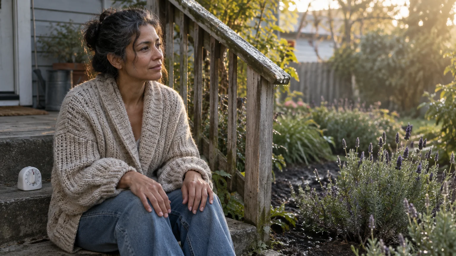 A woman in a knit sweater sits quietly on outdoor porch steps near a garden with a small timer beside her.