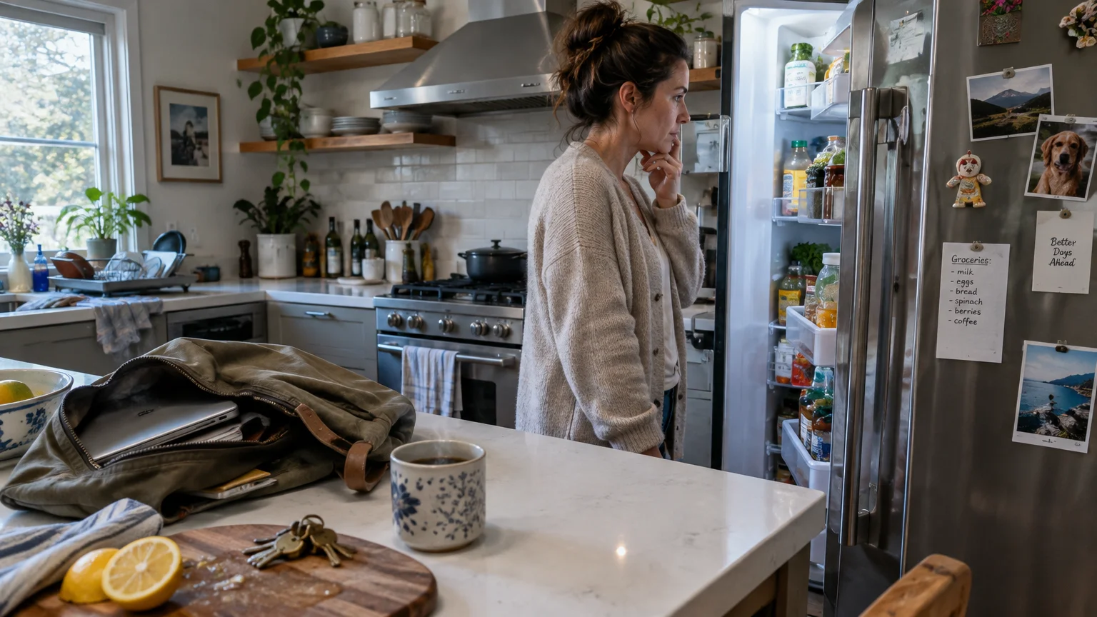 A thoughtful woman stands in a kitchen, holding her chin while looking into an open refrigerator.