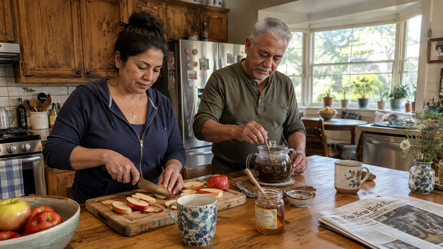 A woman slices apples on a cutting board while an older man stirs tea in a glass teapot in a rustic kitchen.