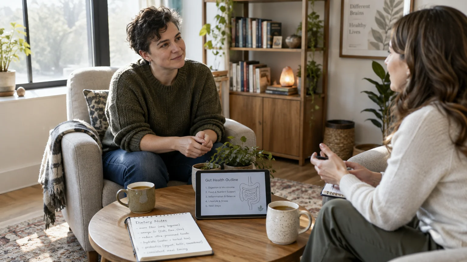 A woman sits in an armchair consulting with a practitioner, with a tablet displaying gut health notes on the coffee table.