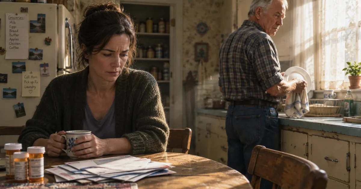 A woman sits thoughtfully at a kitchen table with medicine bottles while an older man washes dishes in the background.