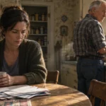 A woman sits thoughtfully at a kitchen table with medicine bottles while an older man washes dishes in the background.