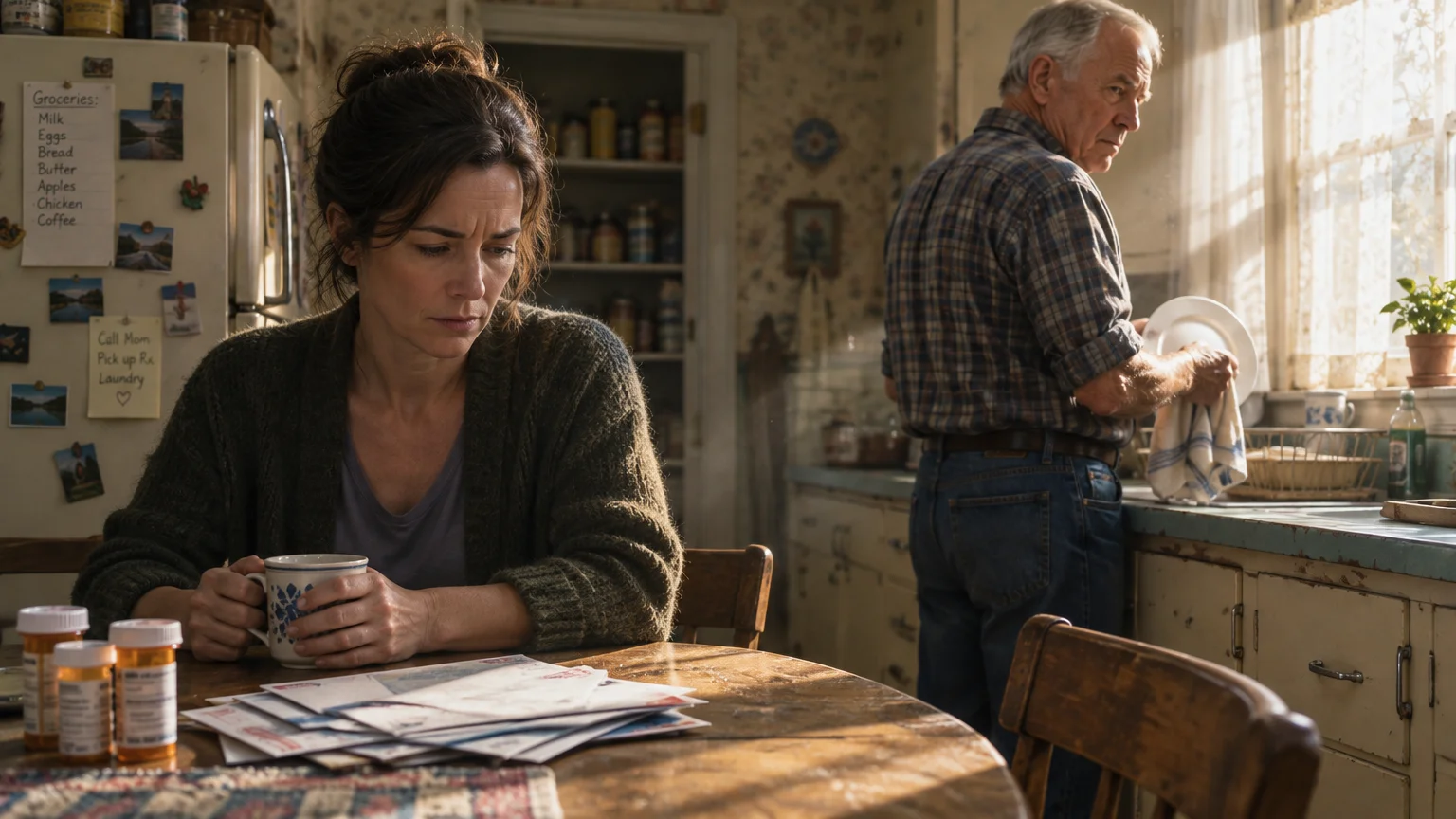 A woman sits thoughtfully at a kitchen table with medicine bottles while an older man washes dishes in the background.