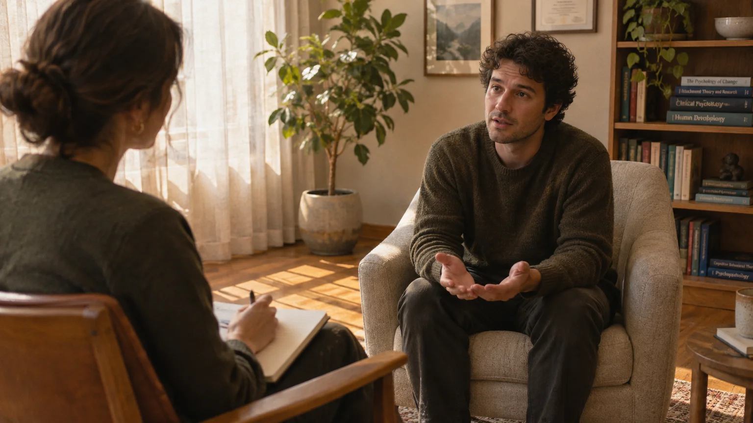 A man sitting in an armchair talks expressively to a therapist taking notes in a sunlit office.