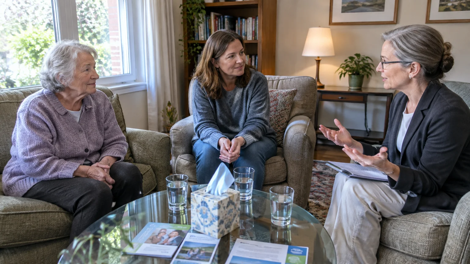 A therapist speaks with an elderly mother and adult daughter seated across from her in a cozy living room.