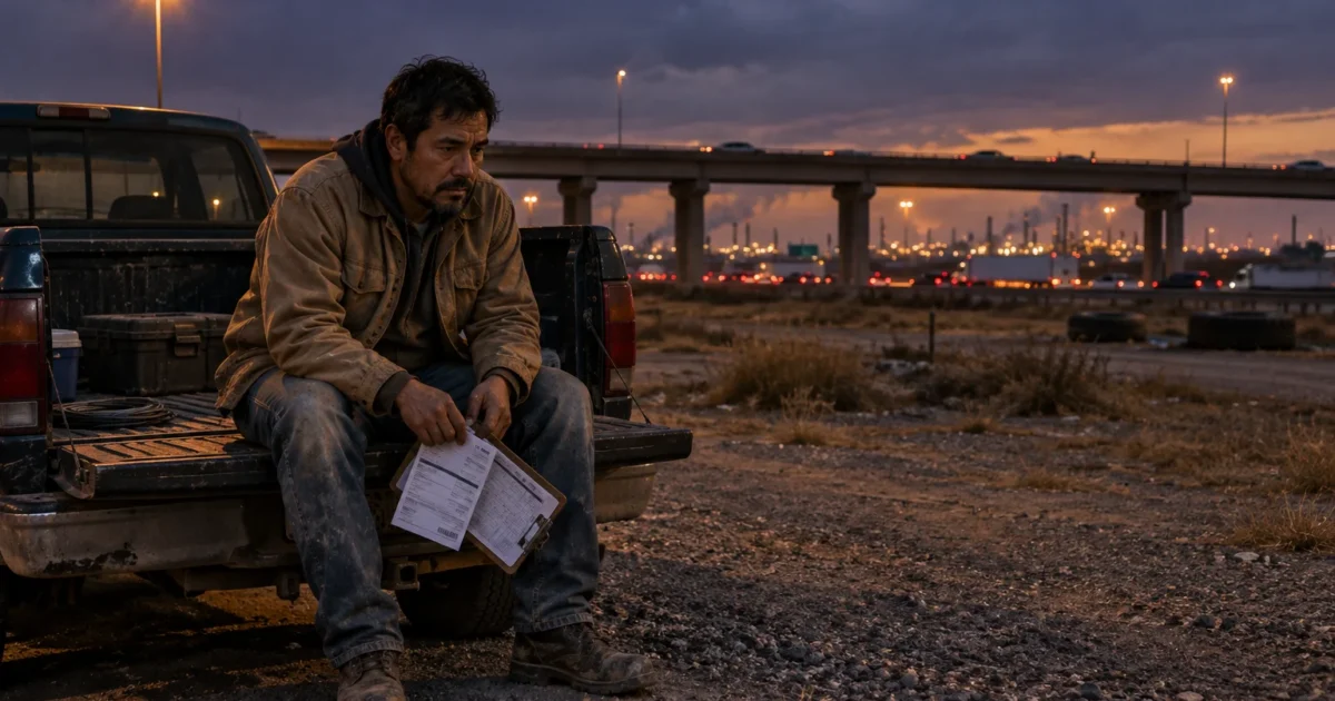 A weary man in work clothes sits on a truck tailgate holding papers, with an industrial highway backdrop at dusk.