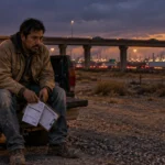 A weary man in work clothes sits on a truck tailgate holding papers, with an industrial highway backdrop at dusk.