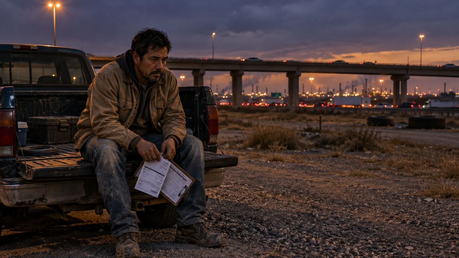 A weary man in work clothes sits on a truck tailgate holding papers, with an industrial highway backdrop at dusk.