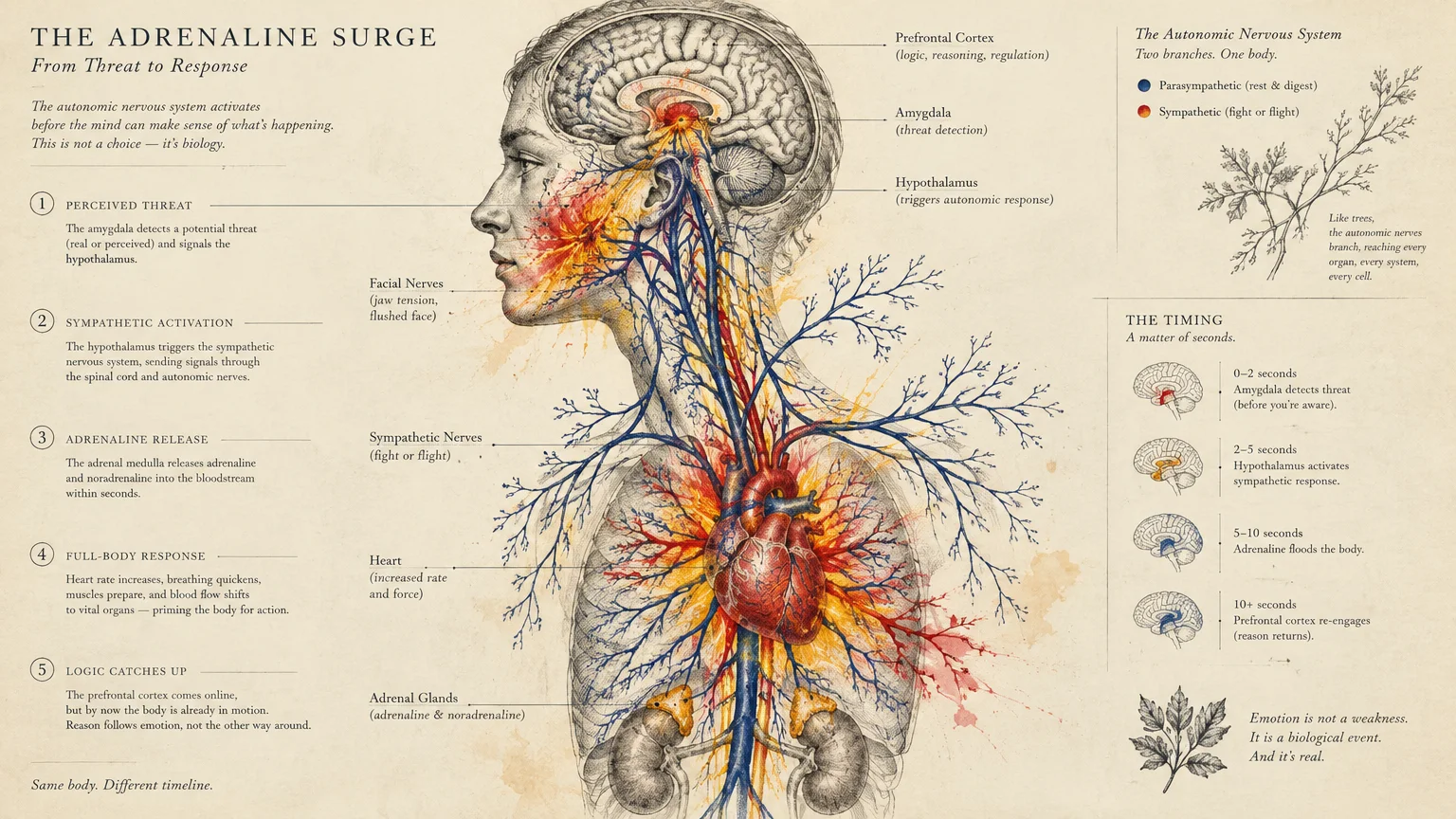 Medical infographic detailing the human nervous system's adrenaline response to perceived threats.