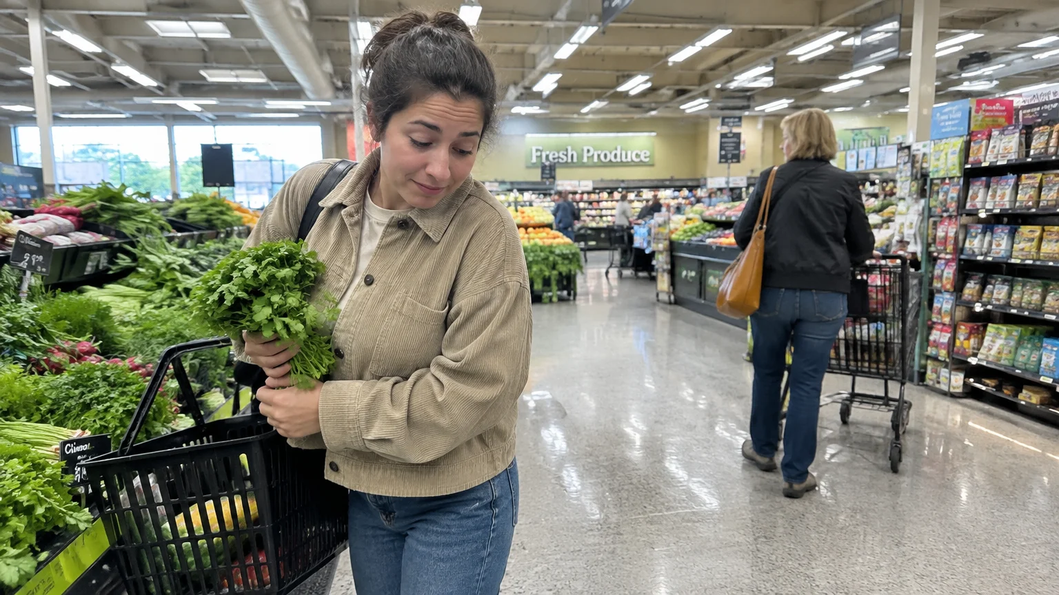 A woman holding a bunch of cilantro over her shopping basket in the produce section of a grocery store.
