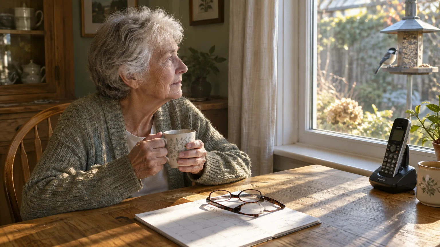 Older woman holding a mug at a wooden table, looking out the window at a bird feeder beside a calendar and phone.