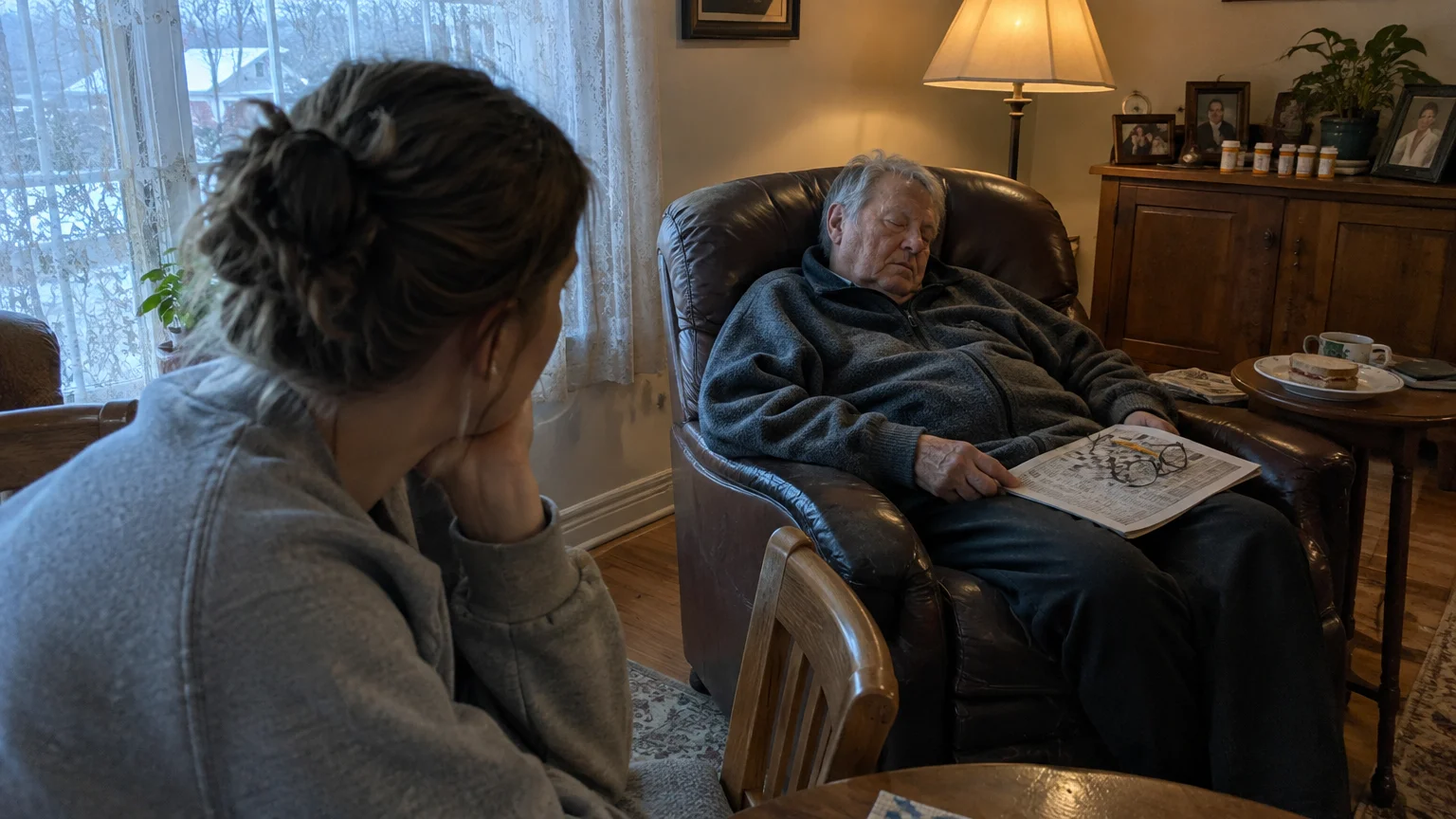 An older man sleeps in a brown armchair holding a newspaper while a young woman watches him from a chair nearby.