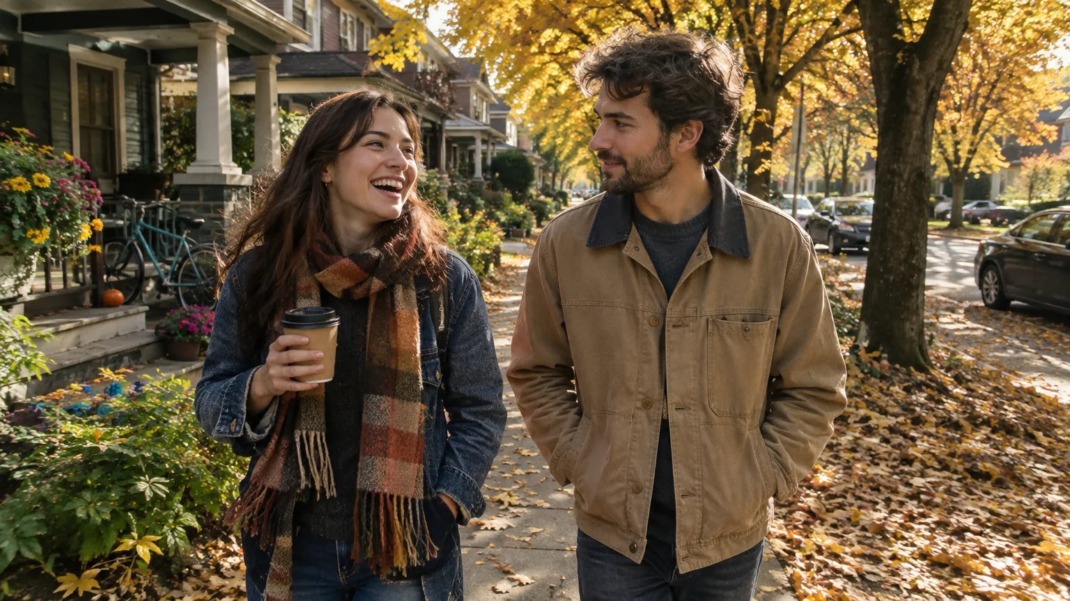 A man and woman walking down a leaf-strewn residential sidewalk in autumn, smiling and looking at each other.
