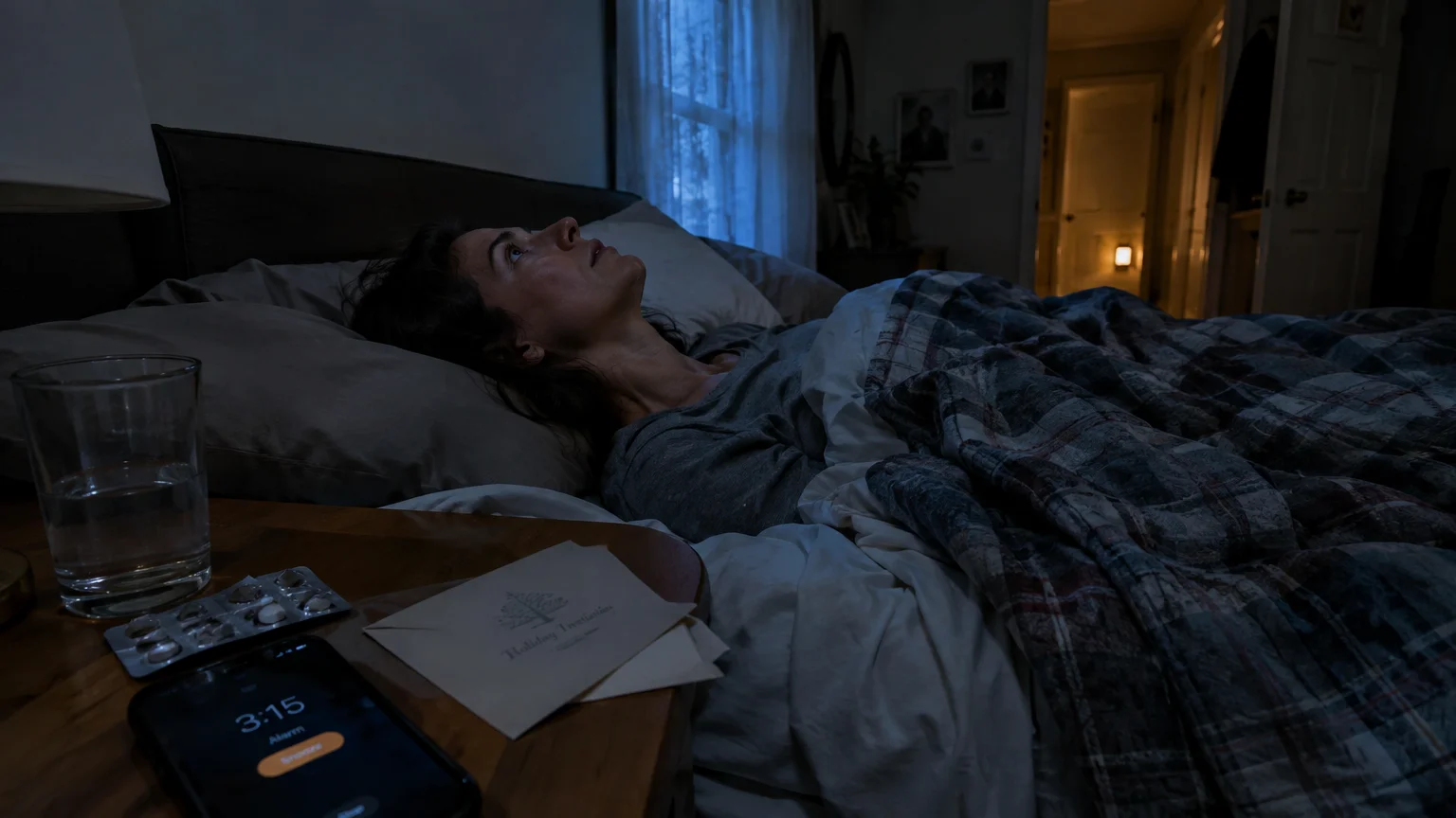 A woman lying awake in bed at night beside a nightstand holding water, medication, a phone, and a holiday invitation.