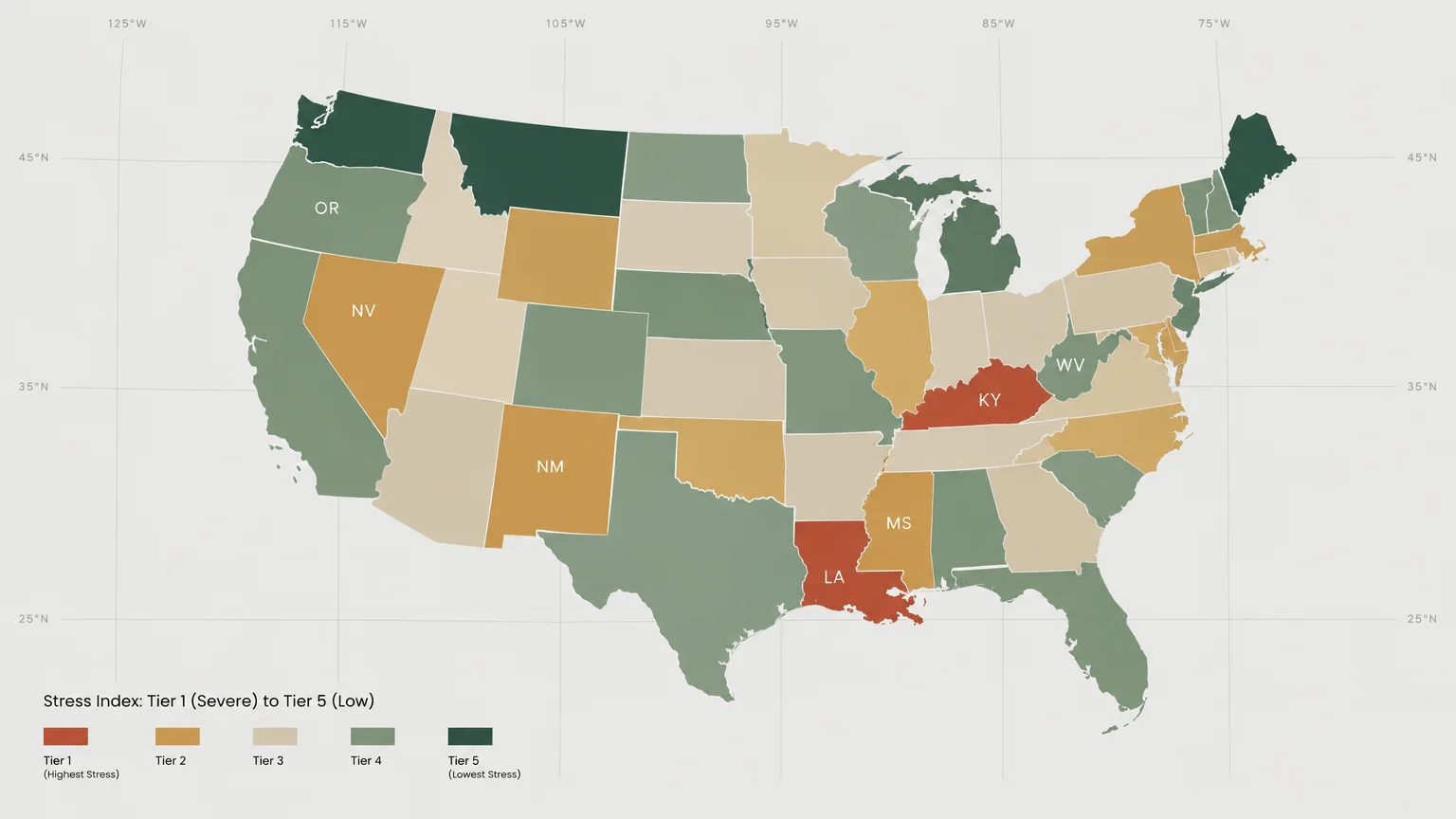 Color-coded map of the United States displaying a Stress Index from Tier 1 Severe to Tier 5 Low stress.