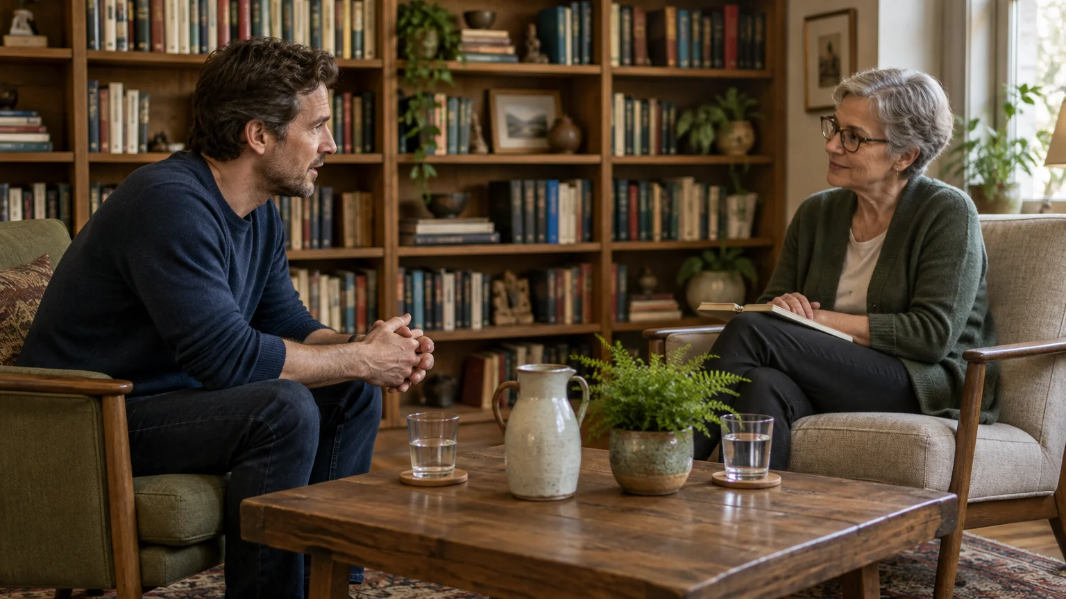 A man sits in an armchair talking with a woman holding a notebook in an office lined with bookshelves.
