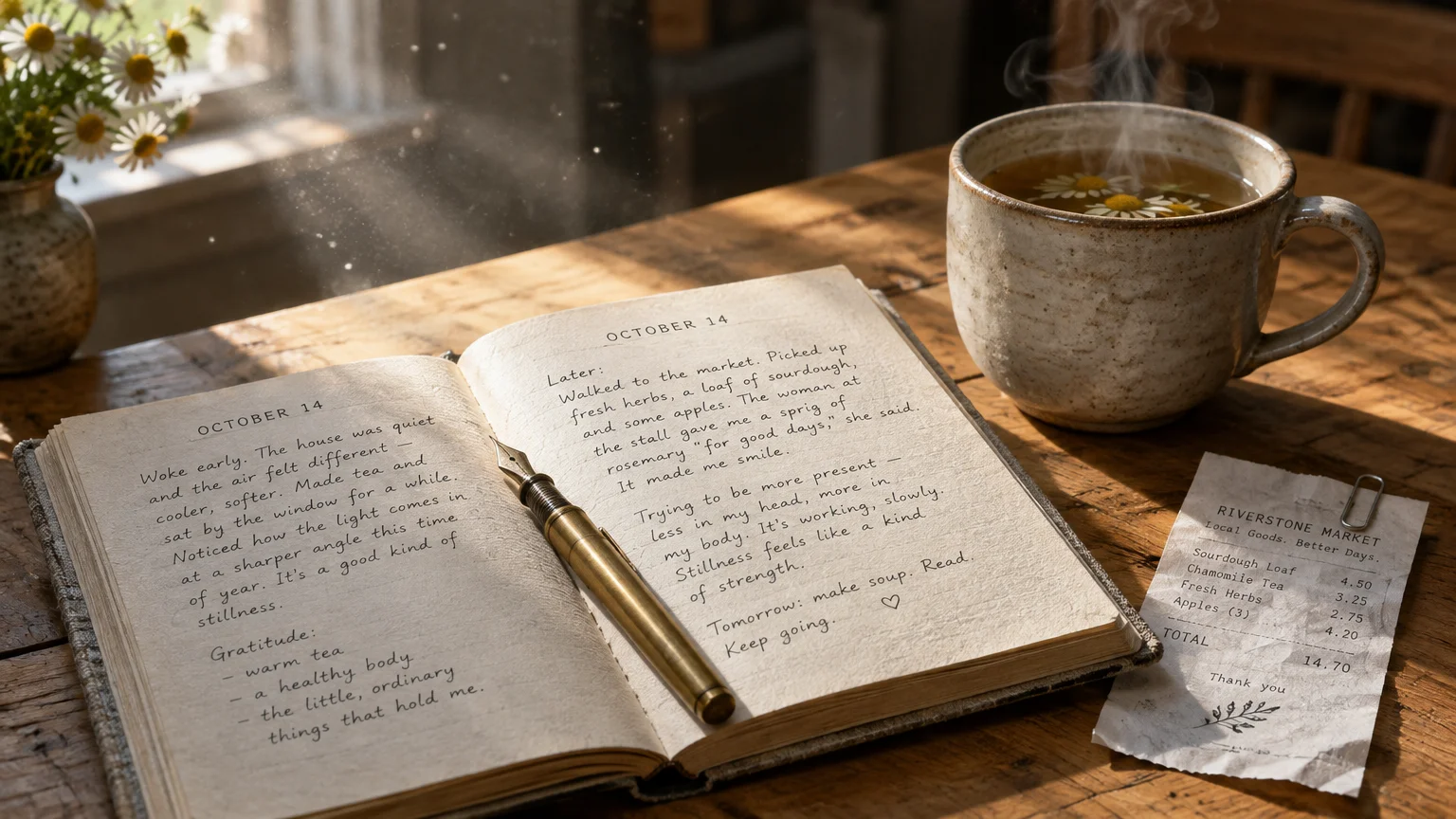 Open journal with handwritten entries next to a pen, receipt, steaming mug of tea, and daisies on a wooden table.