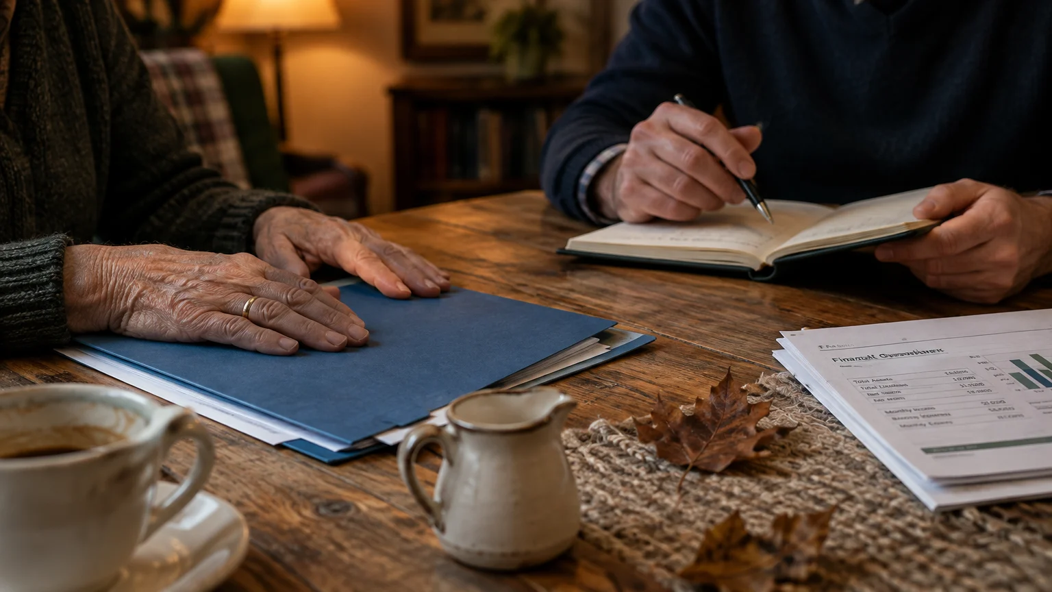 Close-up of an elderly person's hands on a blue folder next to another person taking notes at a wooden table with papers.