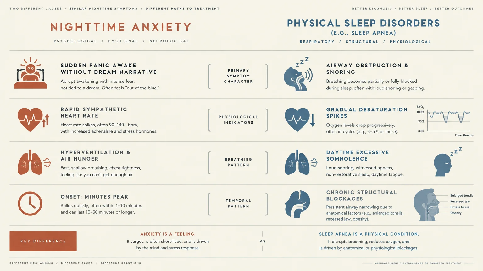 Comparison infographic contrasting nighttime anxiety symptoms against physical sleep disorders across four categories.