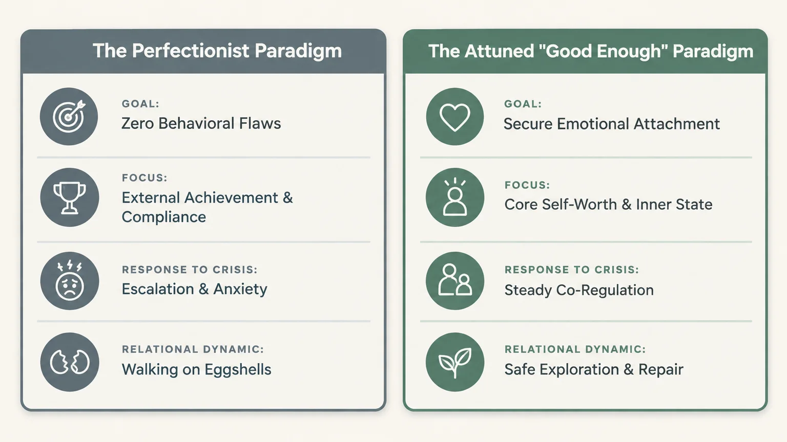 Side-by-side chart comparing The Perfectionist Paradigm with The Attuned Good Enough Paradigm across four parenting areas.