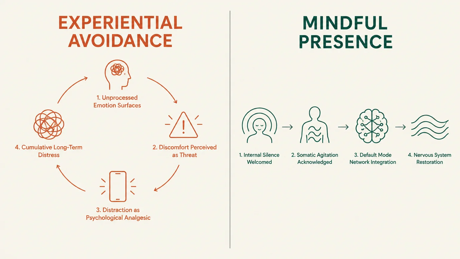 Diagram comparing the cyclic steps of experiential avoidance with the linear stages of mindful presence.