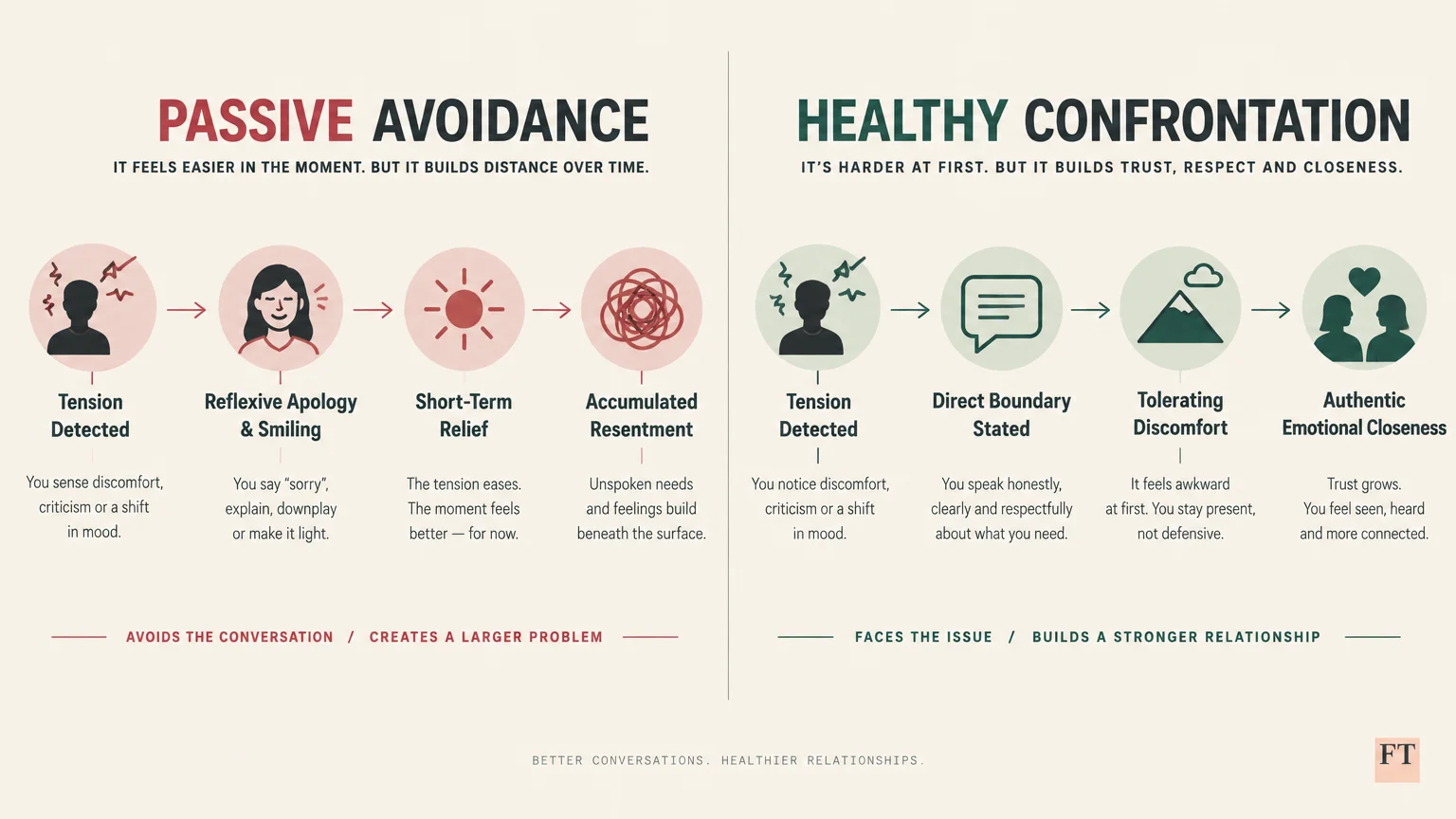 Diagram comparing step-by-step outcomes of passive avoidance leading to resentment versus healthy confrontation building trust.