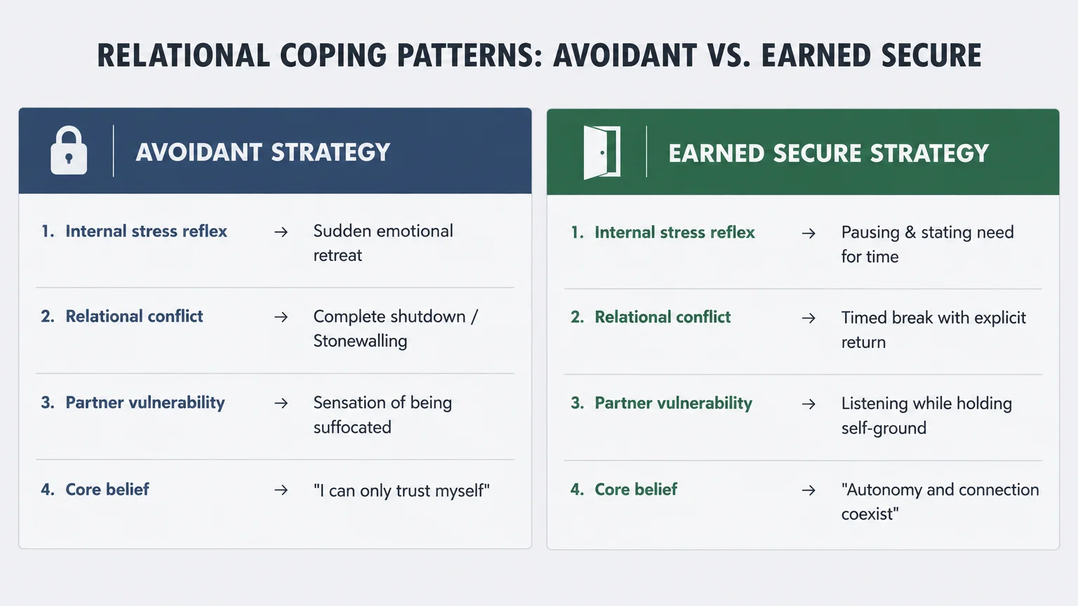 Side-by-side comparison chart contrasting four avoidant coping strategies with earned secure strategies.