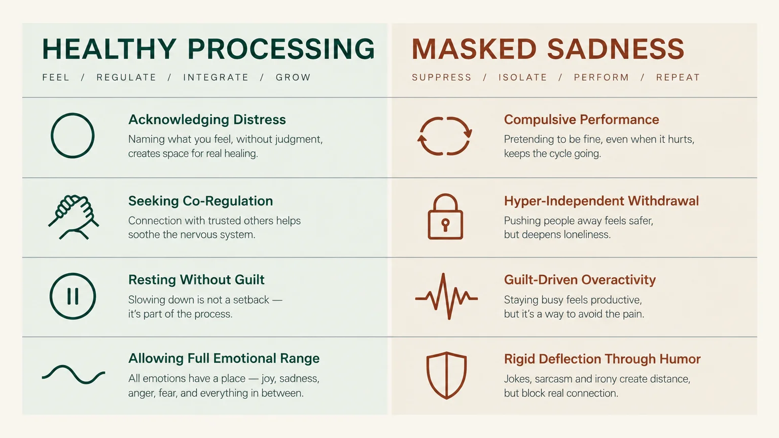 Infographic contrasting Healthy Processing traits with Masked Sadness behaviors in two colored columns with icons.
