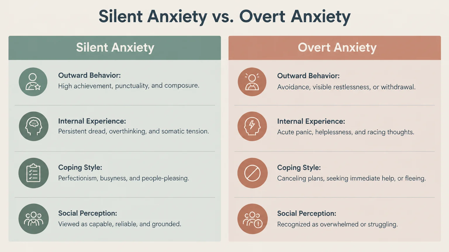 Chart comparing silent and overt anxiety across outward behavior, internal experience, coping style, and social perception.