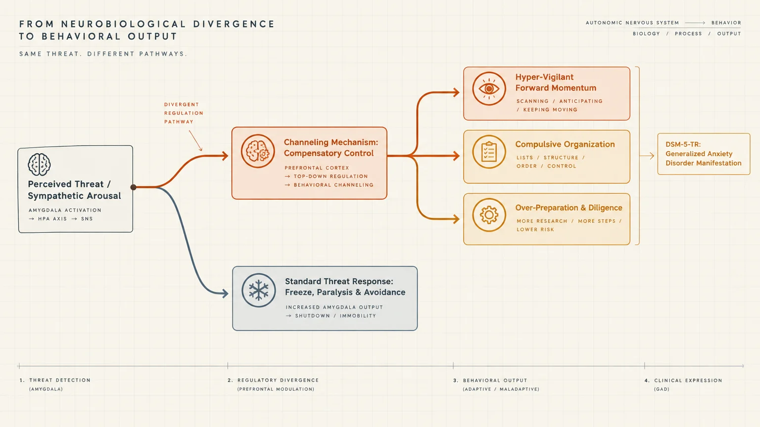 Flowchart tracing perceived threat into either a standard freeze response or compensatory forward momentum behaviors.